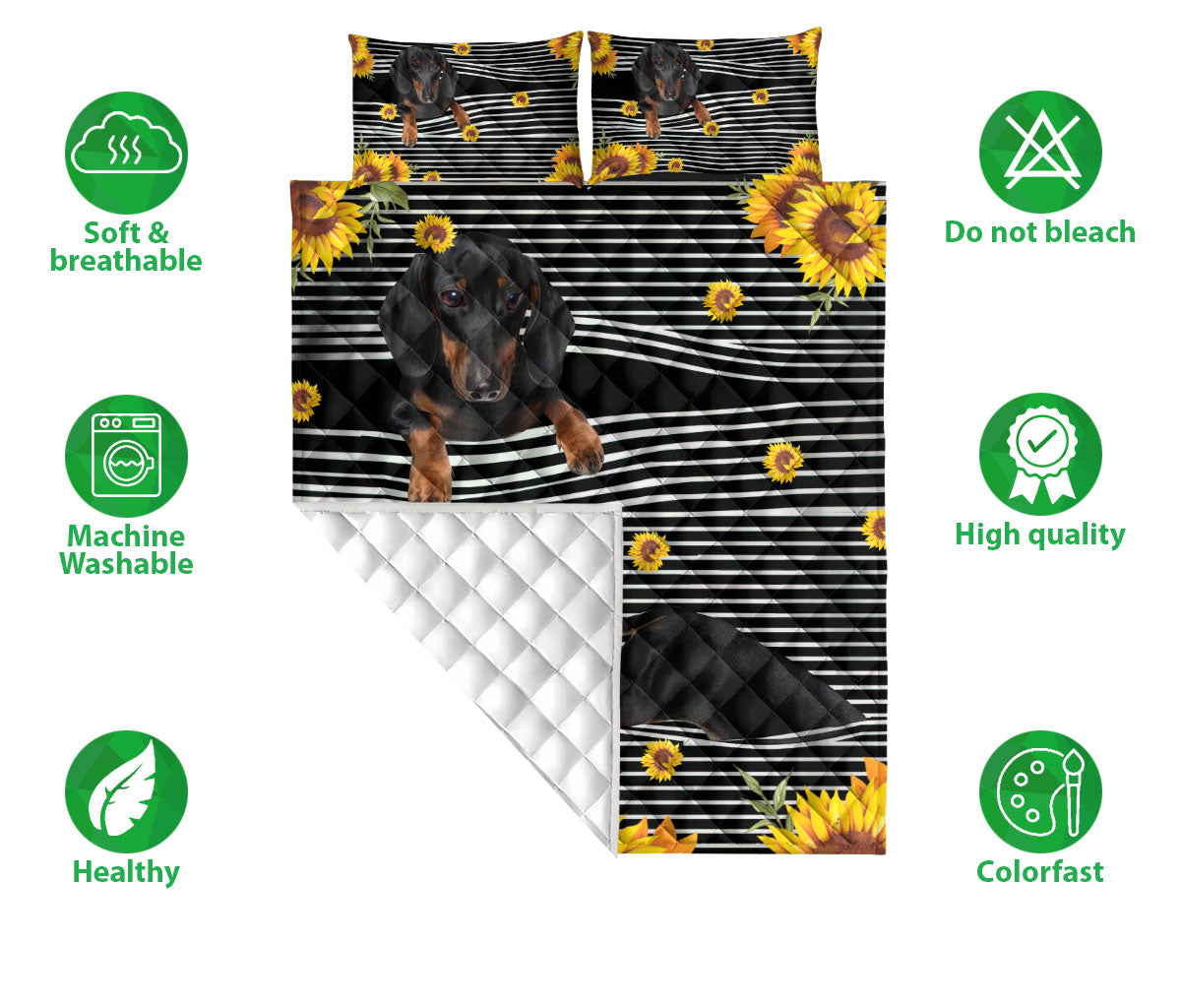 Ohaprints-Quilt-Bed-Set-Pillowcase-Dachshund-Weiner-Doxie-Dog-Sunflower-Floral-B&W-Stripe-Pattern-Blanket-Bedspread-Bedding-1665-Double (70'' x 80'')