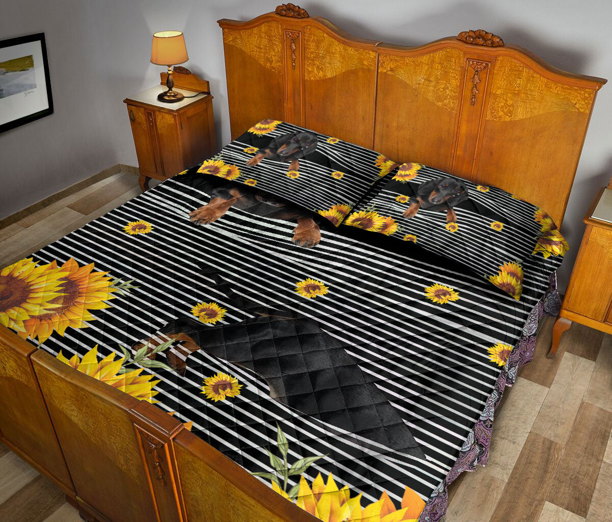 Ohaprints-Quilt-Bed-Set-Pillowcase-Dachshund-Weiner-Doxie-Dog-Sunflower-Floral-B&W-Stripe-Pattern-Blanket-Bedspread-Bedding-1665-Queen (80'' x 90'')