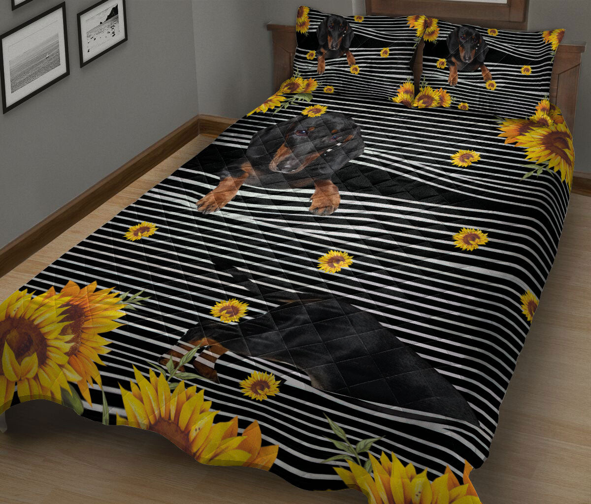 Ohaprints-Quilt-Bed-Set-Pillowcase-Dachshund-Weiner-Doxie-Dog-Sunflower-Floral-B&W-Stripe-Pattern-Blanket-Bedspread-Bedding-1665-King (90'' x 100'')