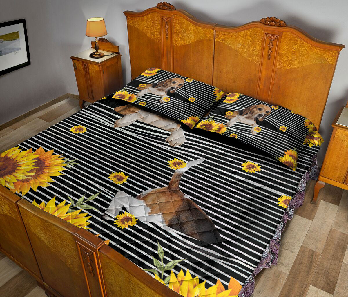 Ohaprints-Quilt-Bed-Set-Pillowcase-Funny-Beagle-Dog-Lover-Sunflower-Floral-B&W-Stripe-Pattern-Blanket-Bedspread-Bedding-704-Queen (80'' x 90'')