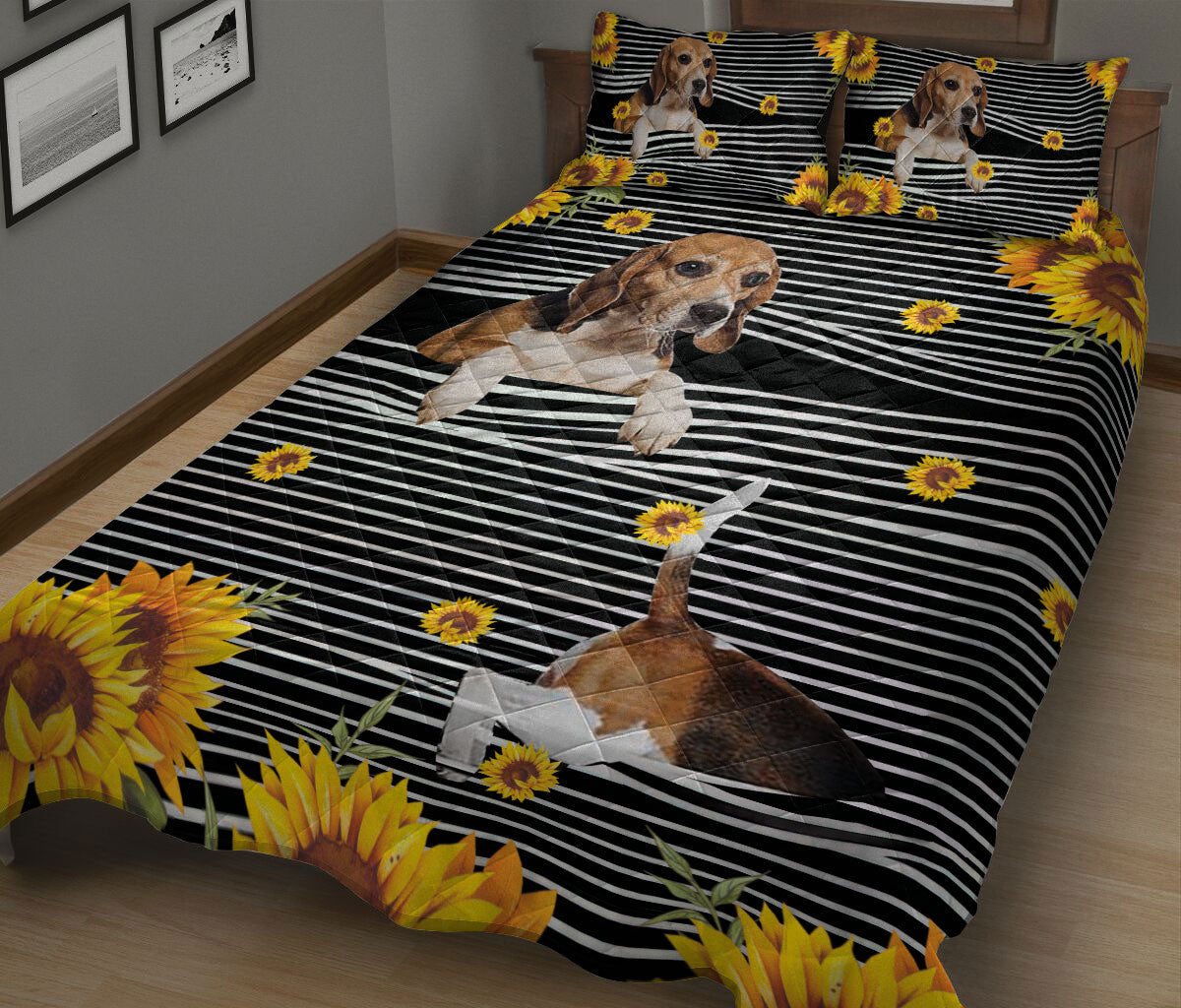 Ohaprints-Quilt-Bed-Set-Pillowcase-Funny-Beagle-Dog-Lover-Sunflower-Floral-B&W-Stripe-Pattern-Blanket-Bedspread-Bedding-704-King (90'' x 100'')