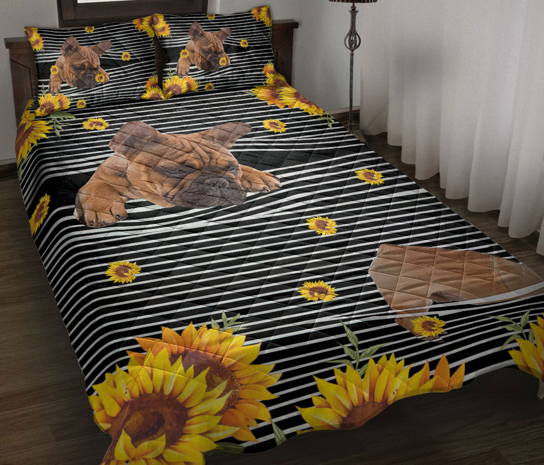 Ohaprints-Quilt-Bed-Set-Pillowcase-Frenchie-French-Bulldog-Sunflower-Floral-B&W-Stripe-Pattern-Blanket-Bedspread-Bedding-1232-Throw (55'' x 60'')