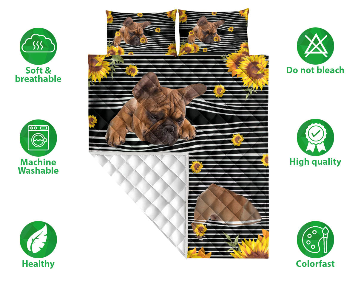 Ohaprints-Quilt-Bed-Set-Pillowcase-Frenchie-French-Bulldog-Sunflower-Floral-B&W-Stripe-Pattern-Blanket-Bedspread-Bedding-1232-Double (70'' x 80'')