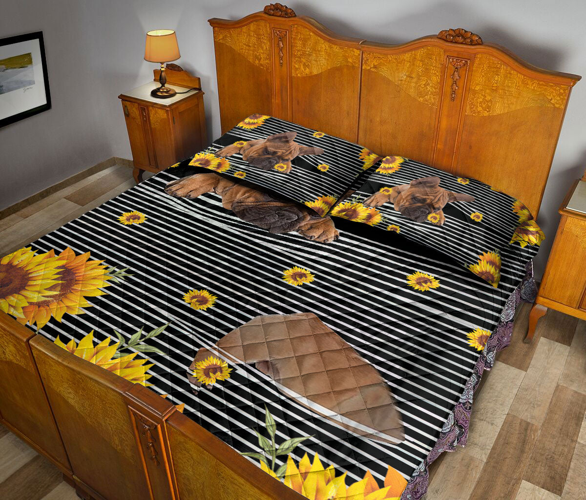 Ohaprints-Quilt-Bed-Set-Pillowcase-Frenchie-French-Bulldog-Sunflower-Floral-B&W-Stripe-Pattern-Blanket-Bedspread-Bedding-1232-Queen (80'' x 90'')