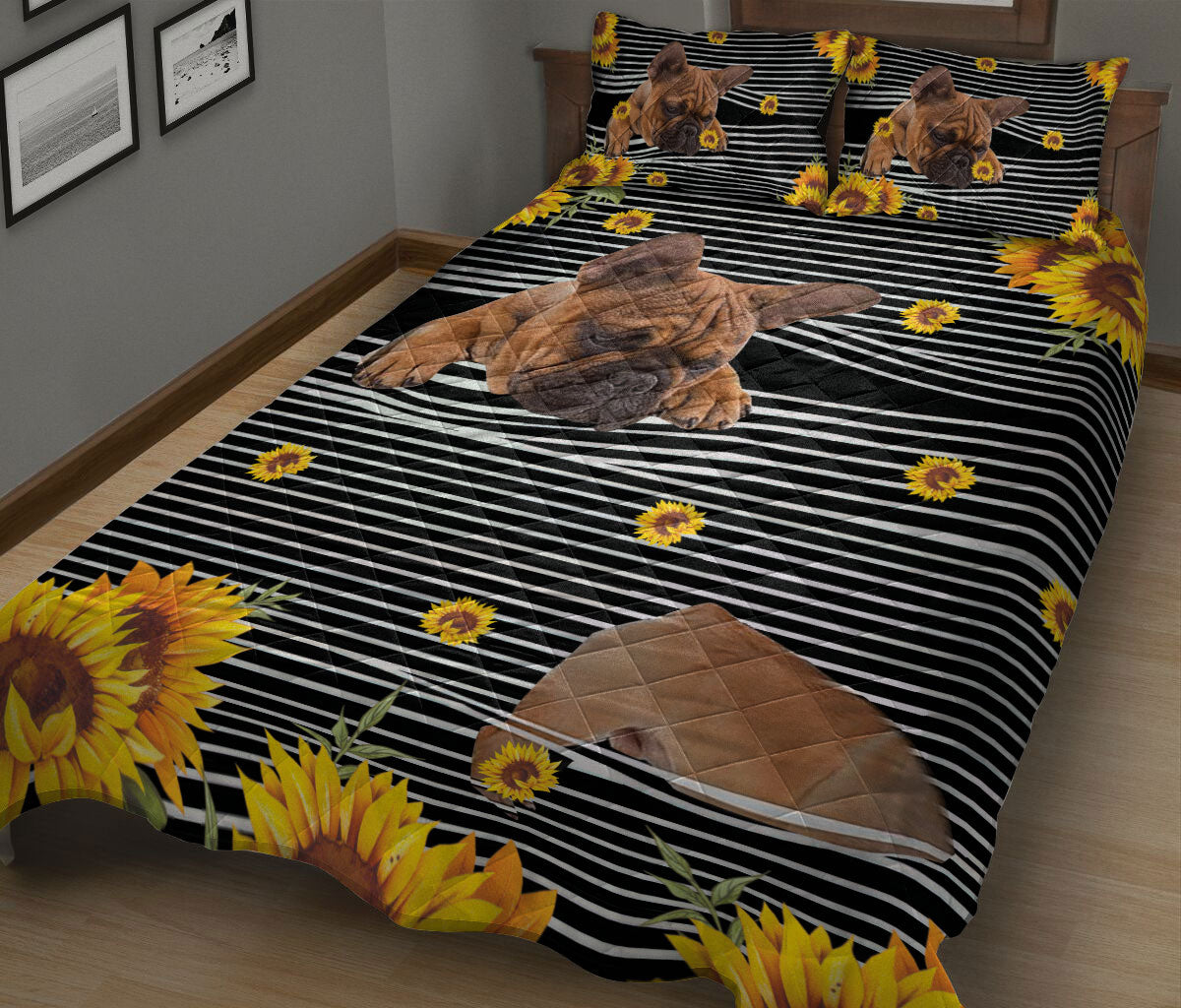 Ohaprints-Quilt-Bed-Set-Pillowcase-Frenchie-French-Bulldog-Sunflower-Floral-B&W-Stripe-Pattern-Blanket-Bedspread-Bedding-1232-King (90'' x 100'')