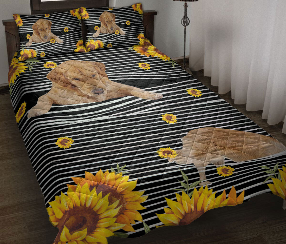 Ohaprints-Quilt-Bed-Set-Pillowcase-Funny-Golden-Retriever-Dog-Sunflower-Floral-B&W-Stripe-Pattern-Blanket-Bedspread-Bedding-2489-Throw (55'' x 60'')