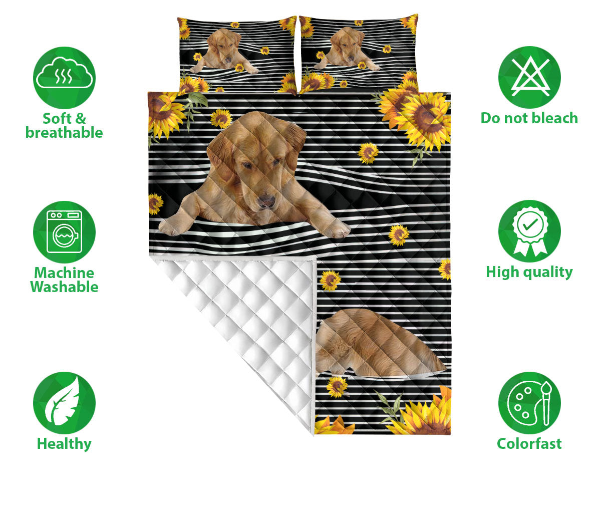 Ohaprints-Quilt-Bed-Set-Pillowcase-Funny-Golden-Retriever-Dog-Sunflower-Floral-B&W-Stripe-Pattern-Blanket-Bedspread-Bedding-2489-Double (70'' x 80'')