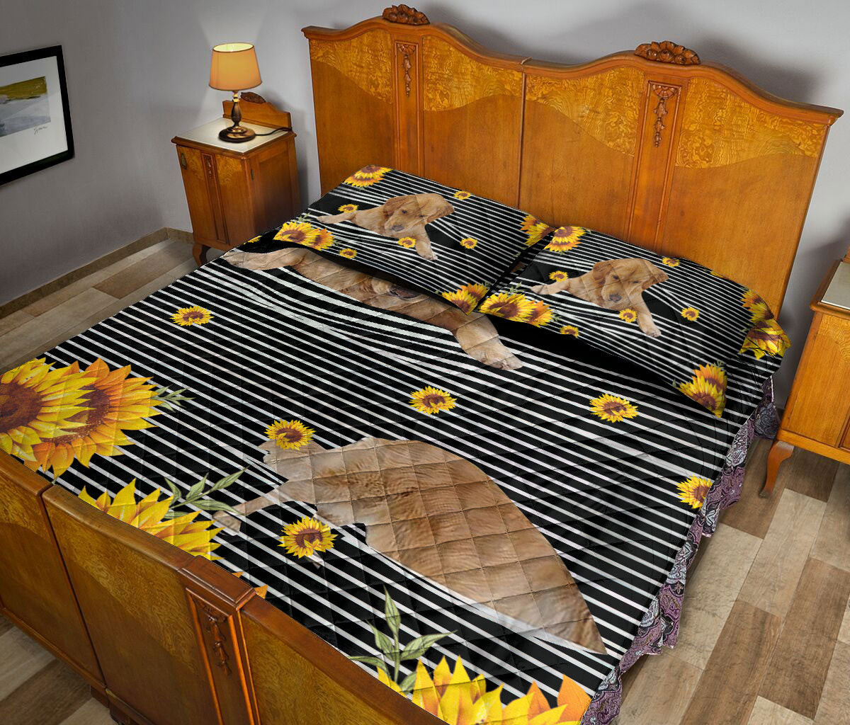 Ohaprints-Quilt-Bed-Set-Pillowcase-Funny-Golden-Retriever-Dog-Sunflower-Floral-B&W-Stripe-Pattern-Blanket-Bedspread-Bedding-2489-Queen (80'' x 90'')