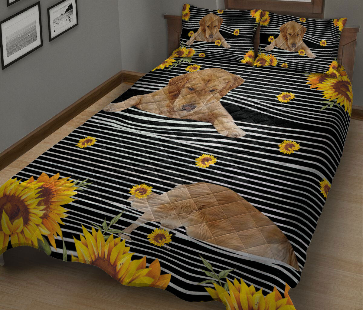 Ohaprints-Quilt-Bed-Set-Pillowcase-Funny-Golden-Retriever-Dog-Sunflower-Floral-B&W-Stripe-Pattern-Blanket-Bedspread-Bedding-2489-King (90'' x 100'')