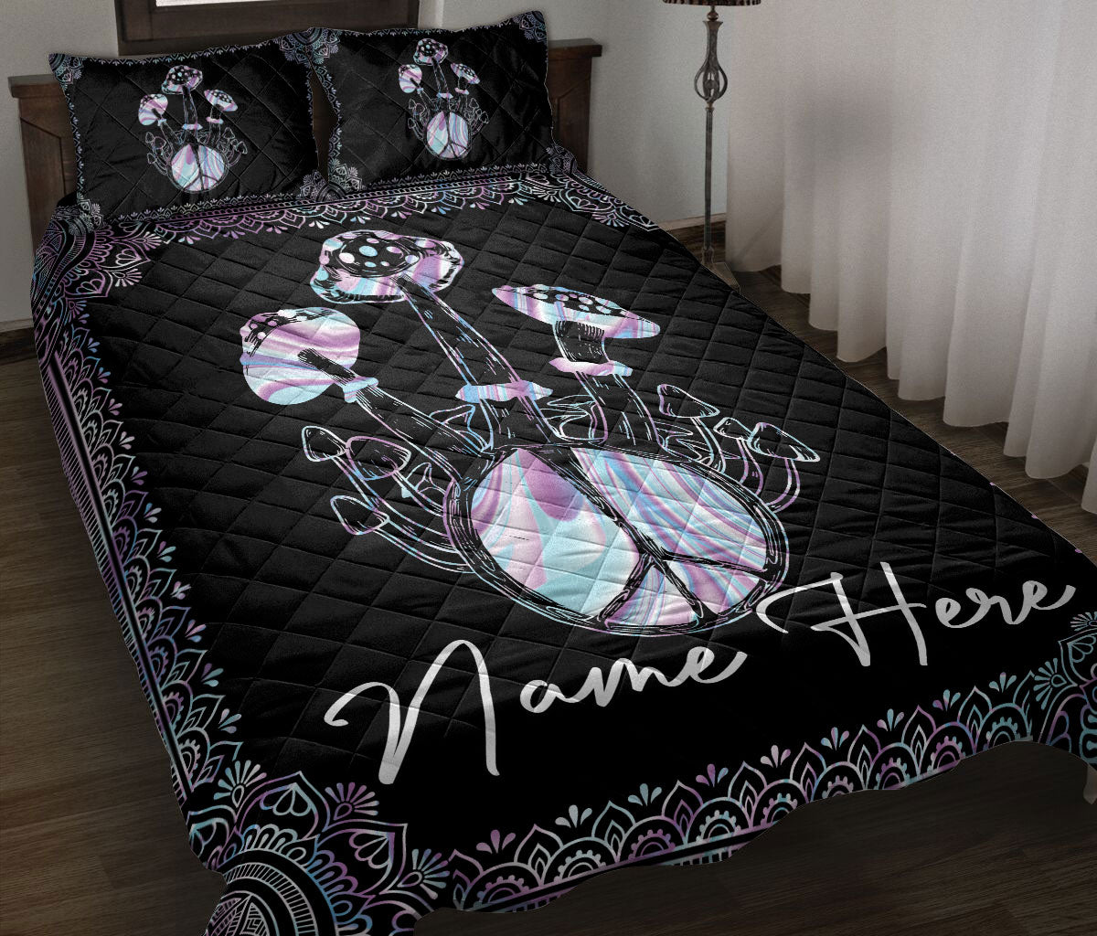 Ohaprints-Quilt-Bed-Set-Pillowcase-Mushrooms-Hologram-Mushroom-Hippie-Boho-Pattern-Custom-Personalized-Name-Blanket-Bedspread-Bedding-2386-Throw (55'' x 60'')