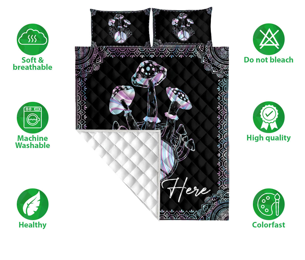 Ohaprints-Quilt-Bed-Set-Pillowcase-Mushrooms-Hologram-Mushroom-Hippie-Boho-Pattern-Custom-Personalized-Name-Blanket-Bedspread-Bedding-2386-Double (70'' x 80'')