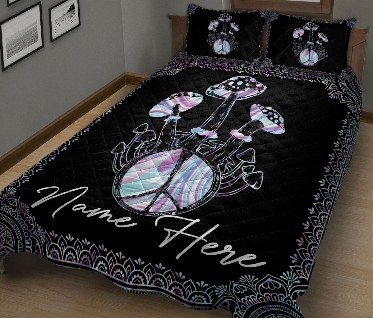 Ohaprints-Quilt-Bed-Set-Pillowcase-Mushrooms-Hologram-Mushroom-Hippie-Boho-Pattern-Custom-Personalized-Name-Blanket-Bedspread-Bedding-2386-King (90'' x 100'')