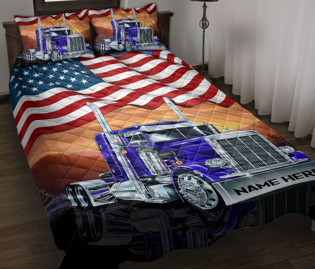 Ohaprints-Quilt-Bed-Set-Pillowcase-Blue-Truck-American-Us-Flag-Patriot-Gift-For-Trucker-Custom-Personalized-Name-Blanket-Bedspread-Bedding-1522-Throw (55'' x 60'')