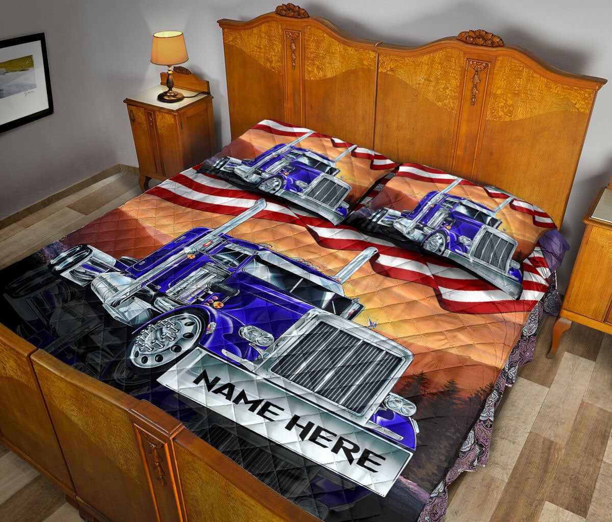 Ohaprints-Quilt-Bed-Set-Pillowcase-Navy-Truck-American-Us-Flag-Patriot-Gift-For-Trucker-Custom-Personalized-Name-Blanket-Bedspread-Bedding-2107-Queen (80'' x 90'')