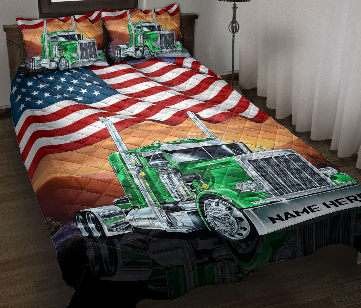 Ohaprints-Quilt-Bed-Set-Pillowcase-Green-Truck-American-Us-Flag-Patriot-Gift-For-Trucker-Custom-Personalized-Name-Blanket-Bedspread-Bedding-2701-Throw (55'' x 60'')