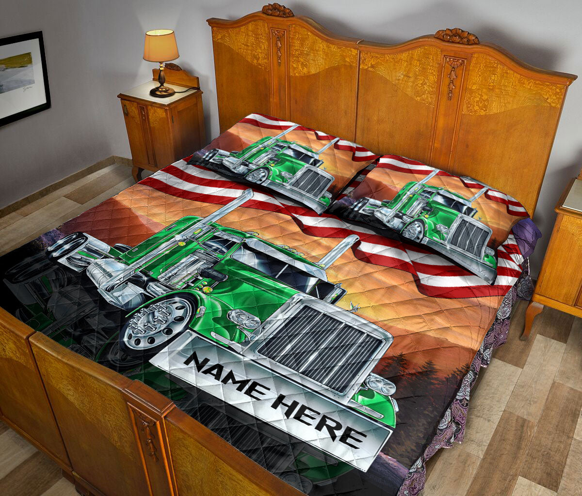 Ohaprints-Quilt-Bed-Set-Pillowcase-Green-Truck-American-Us-Flag-Patriot-Gift-For-Trucker-Custom-Personalized-Name-Blanket-Bedspread-Bedding-2701-Queen (80'' x 90'')