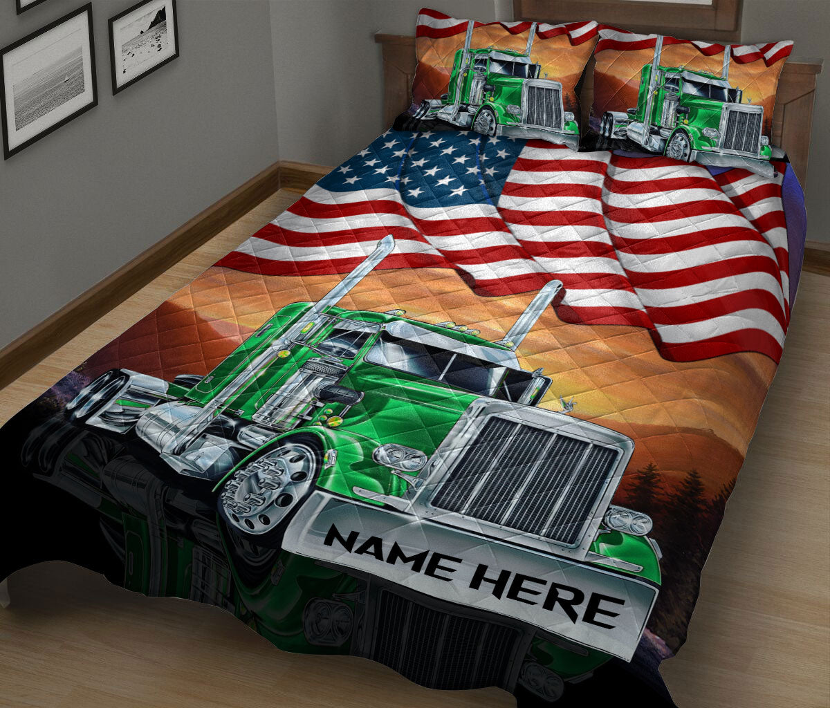 Ohaprints-Quilt-Bed-Set-Pillowcase-Green-Truck-American-Us-Flag-Patriot-Gift-For-Trucker-Custom-Personalized-Name-Blanket-Bedspread-Bedding-2701-King (90'' x 100'')