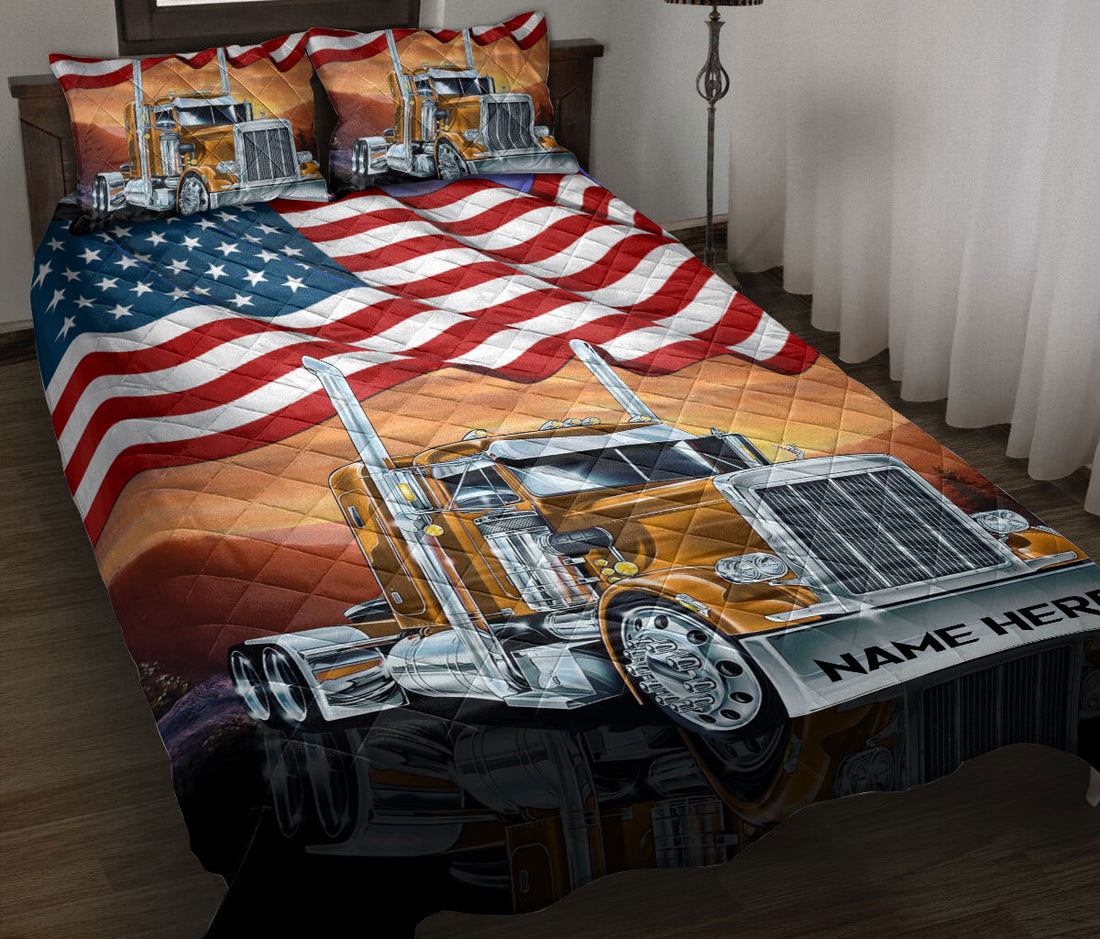 Ohaprints-Quilt-Bed-Set-Pillowcase-Brown-Truck-American-Us-Flag-Patriot-Gift-For-Trucker-Custom-Personalized-Name-Blanket-Bedspread-Bedding-350-Throw (55'' x 60'')