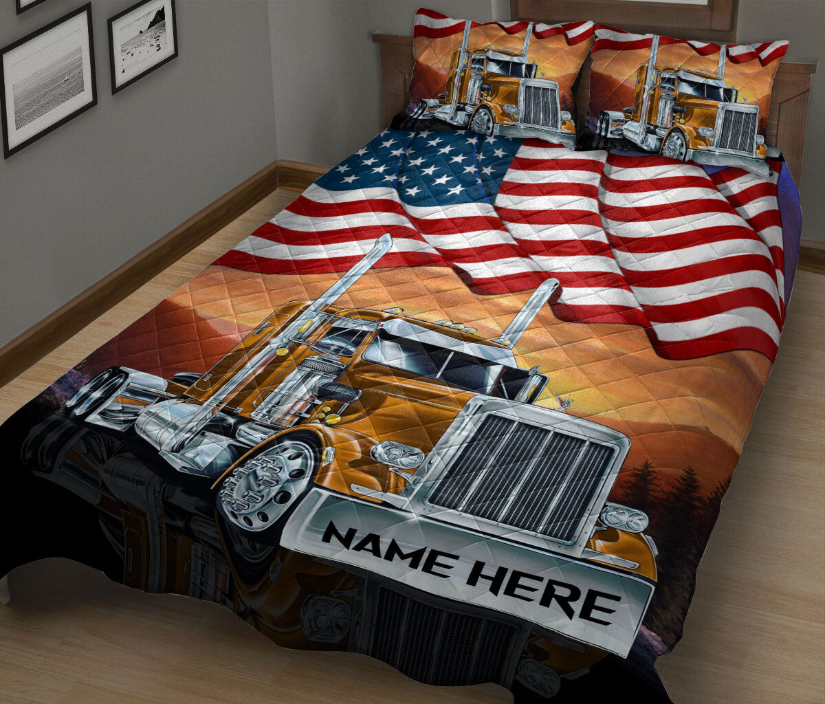 Ohaprints-Quilt-Bed-Set-Pillowcase-Brown-Truck-American-Us-Flag-Patriot-Gift-For-Trucker-Custom-Personalized-Name-Blanket-Bedspread-Bedding-350-King (90'' x 100'')