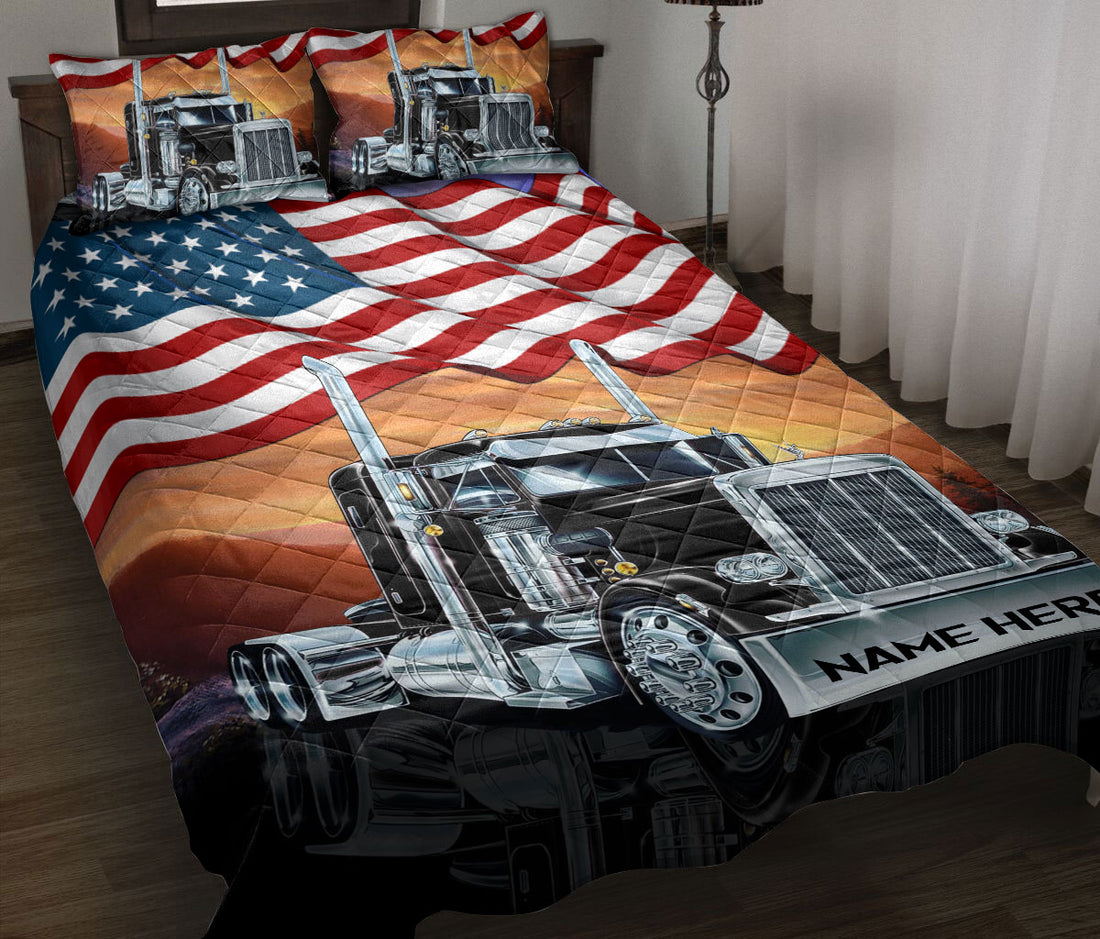 Ohaprints-Quilt-Bed-Set-Pillowcase-Black-Truck-American-Us-Flag-Patriot-Gift-For-Trucker-Custom-Personalized-Name-Blanket-Bedspread-Bedding-942-Throw (55'' x 60'')