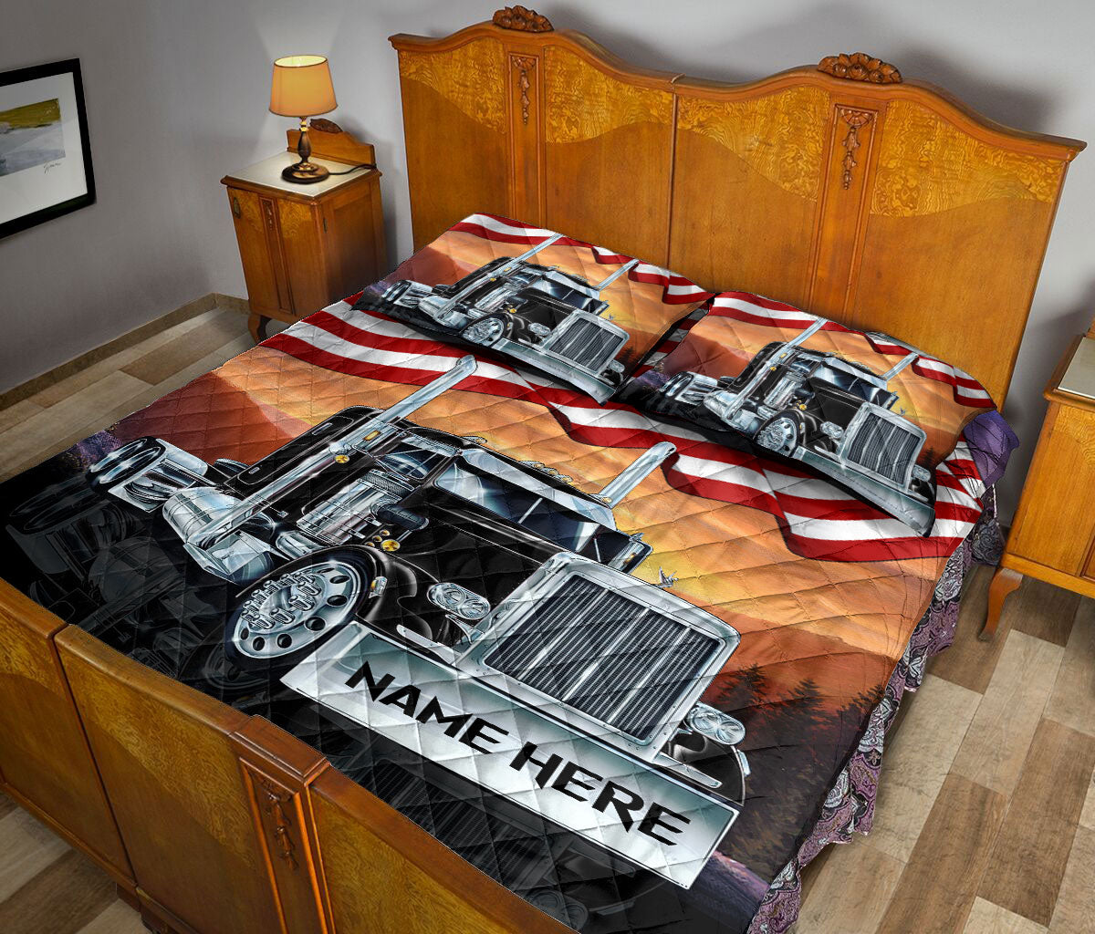 Ohaprints-Quilt-Bed-Set-Pillowcase-Black-Truck-American-Us-Flag-Patriot-Gift-For-Trucker-Custom-Personalized-Name-Blanket-Bedspread-Bedding-942-Queen (80'' x 90'')