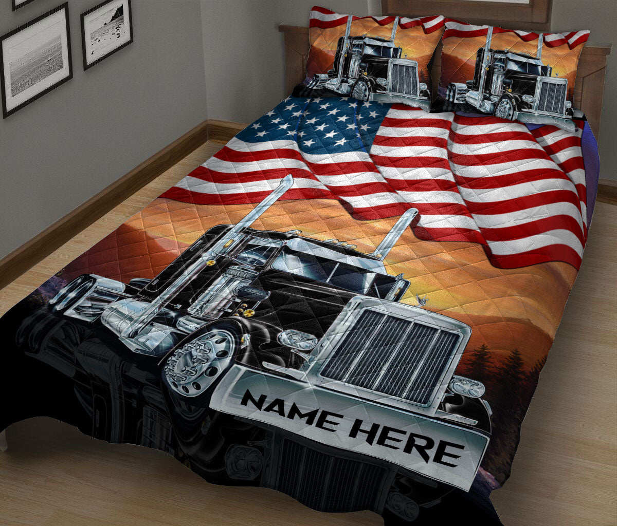 Ohaprints-Quilt-Bed-Set-Pillowcase-Black-Truck-American-Us-Flag-Patriot-Gift-For-Trucker-Custom-Personalized-Name-Blanket-Bedspread-Bedding-942-King (90'' x 100'')