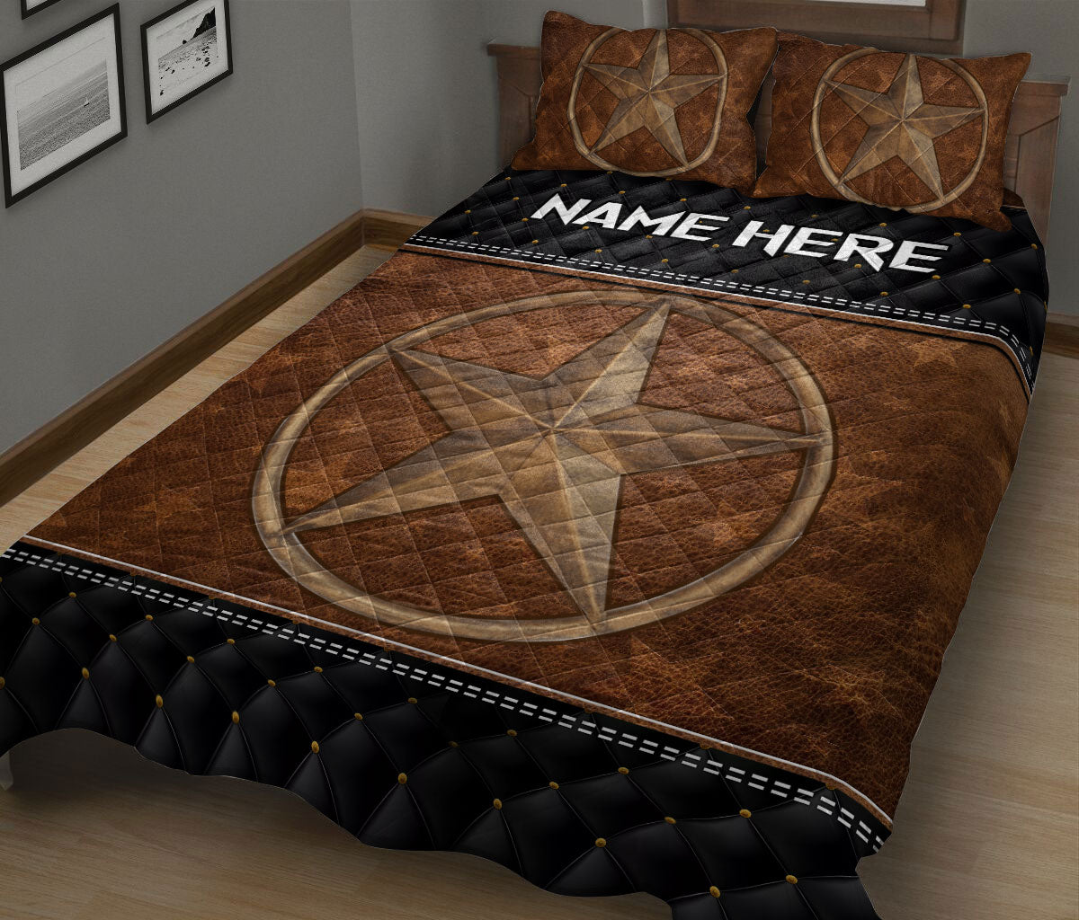 Ohaprints-Quilt-Bed-Set-Pillowcase-Texas-Star-Barn-Cowboy-Cowgirl-Black-&-Brown-Pattern-Custom-Personalized-Name-Blanket-Bedspread-Bedding-2702-King (90'' x 100'')