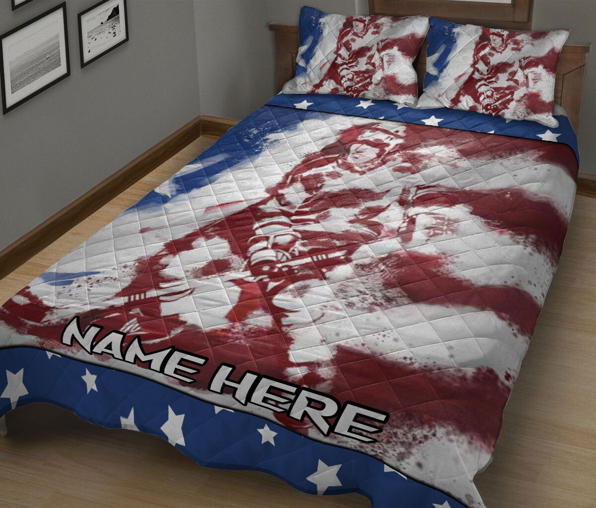 Ohaprints-Quilt-Bed-Set-Pillowcase-Hockey-Player-American-Us-Flag-Sports-Lover-Gift-Custom-Personalized-Name-Blanket-Bedspread-Bedding-2705-King (90'' x 100'')