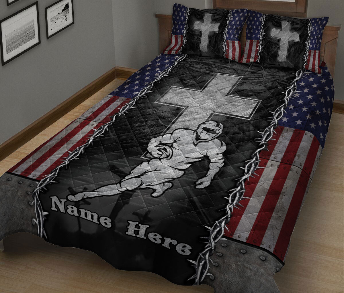Ohaprints-Quilt-Bed-Set-Pillowcase-Football-God-Jesus-Cross-American-Us-Flag-Christian-Custom-Personalized-Name-Blanket-Bedspread-Bedding-946-King (90'' x 100'')