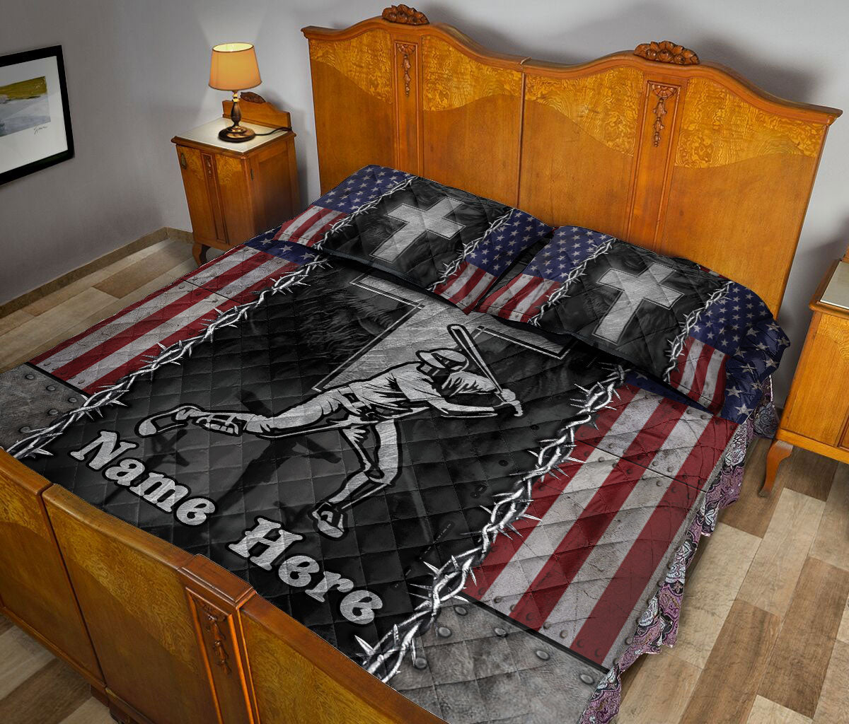 Ohaprints-Quilt-Bed-Set-Pillowcase-Baseball-Batter-Christian-Jesus-Cross-American-Flag-Custom-Personalized-Name-Blanket-Bedspread-Bedding-509-Queen (80'' x 90'')
