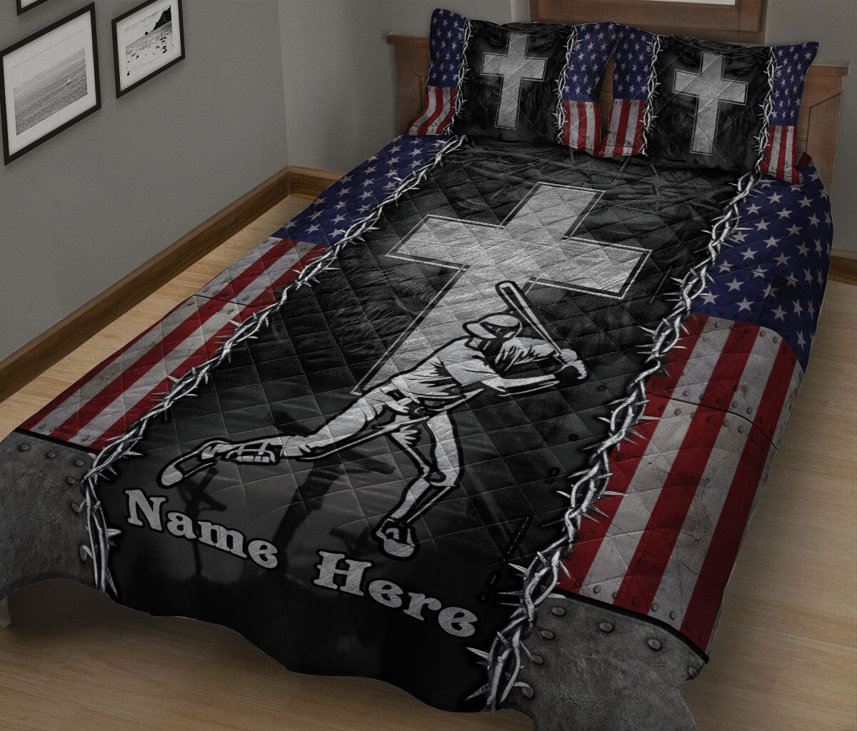 Ohaprints-Quilt-Bed-Set-Pillowcase-Baseball-Batter-Christian-Jesus-Cross-American-Flag-Custom-Personalized-Name-Blanket-Bedspread-Bedding-509-King (90'' x 100'')