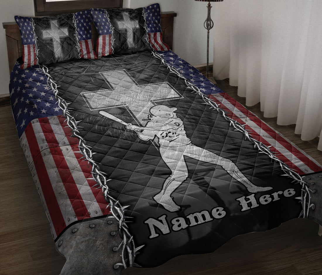 Ohaprints-Quilt-Bed-Set-Pillowcase-Softball-Batter-Christian-Jesus-Cross-American-Flag-Custom-Personalized-Name-Blanket-Bedspread-Bedding-2706-Throw (55'' x 60'')