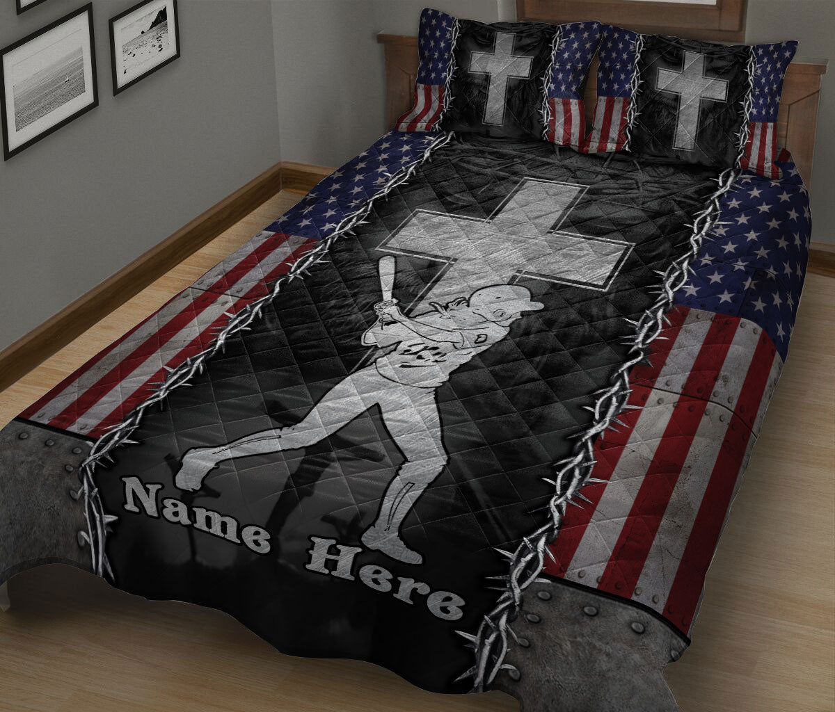 Ohaprints-Quilt-Bed-Set-Pillowcase-Softball-Batter-Christian-Jesus-Cross-American-Flag-Custom-Personalized-Name-Blanket-Bedspread-Bedding-2706-King (90'' x 100'')