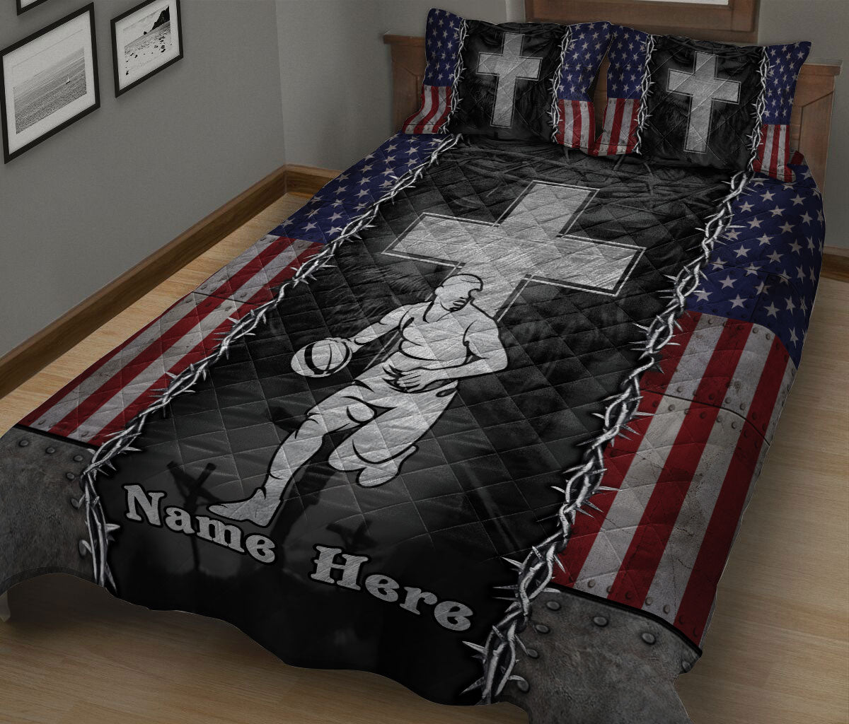 Ohaprints-Quilt-Bed-Set-Pillowcase-Basketball-Christian-Jesus-Cross-American-Us-Flag-Custom-Personalized-Name-Blanket-Bedspread-Bedding-355-King (90'' x 100'')