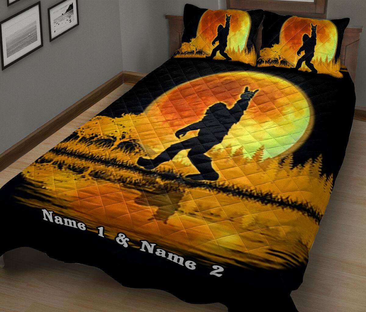 Ohaprints-Quilt-Bed-Set-Pillowcase-Bigfoot-&-Yellow-Full-Moon-Love-Sign-Black-Custom-Personalized-Name-Blanket-Bedspread-Bedding-2708-King (90'' x 100'')