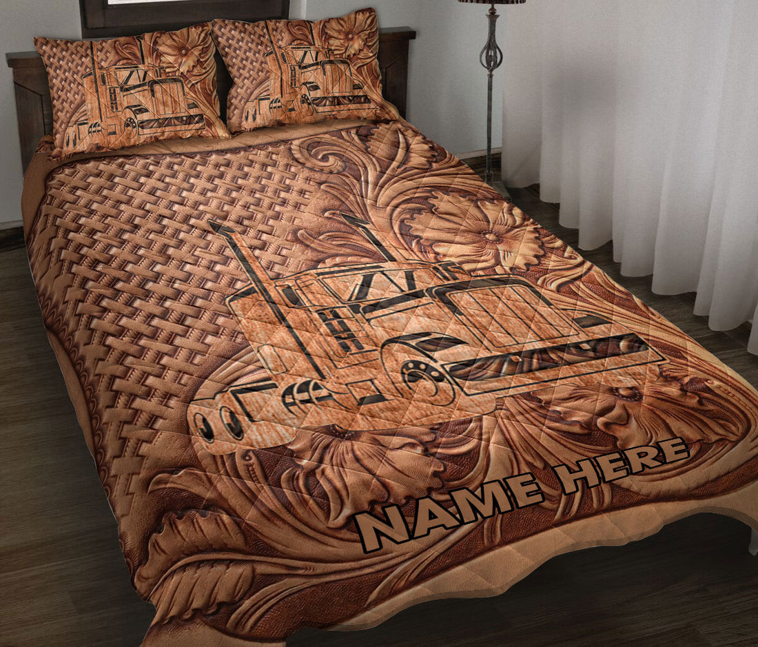 Ohaprints-Quilt-Bed-Set-Pillowcase-Truck-Brown-Floral-Pattern-Trucker-Driver-Custom-Personalized-Name-Blanket-Bedspread-Bedding-3498-Throw (55'' x 60'')