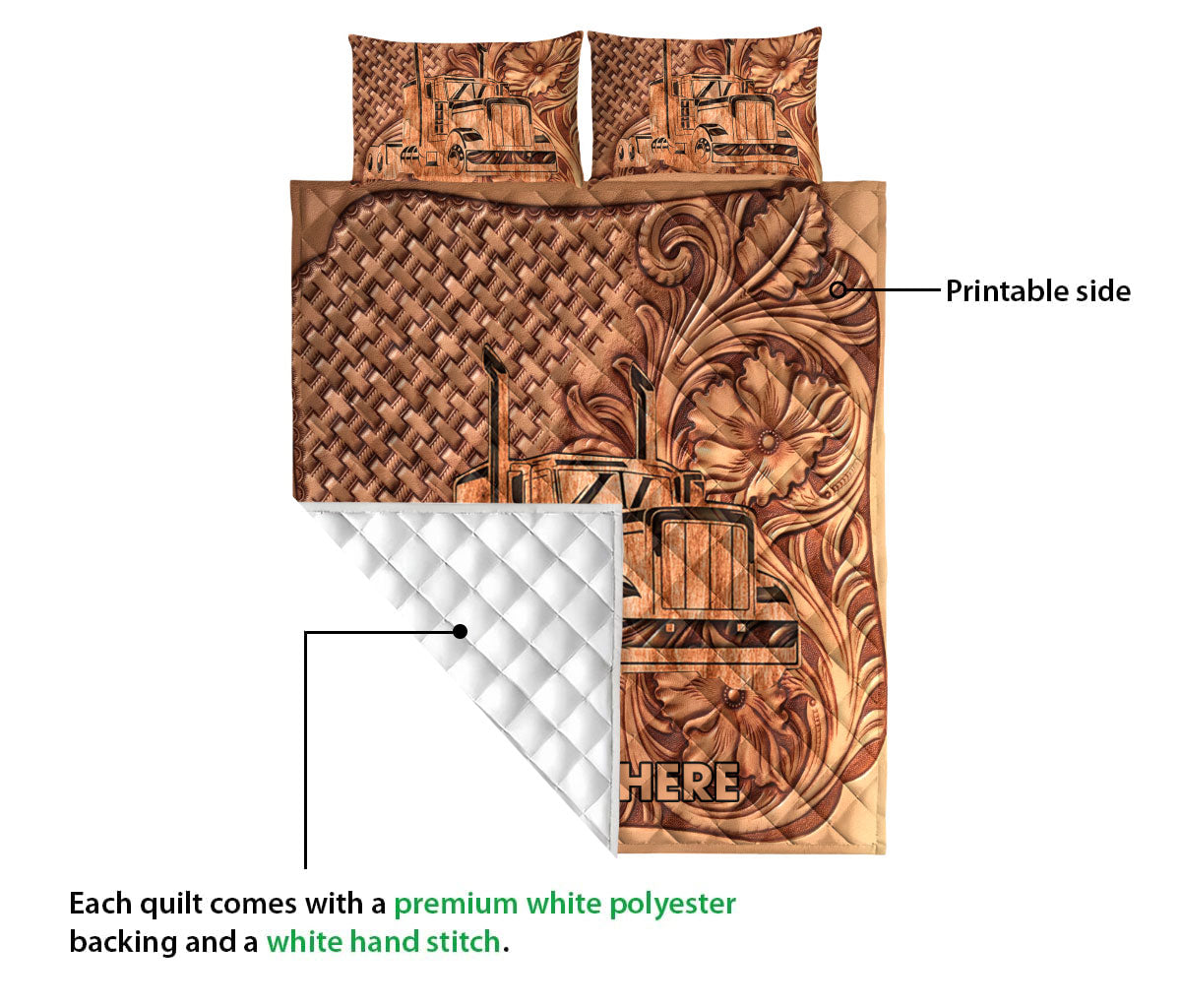 Ohaprints-Quilt-Bed-Set-Pillowcase-Truck-Brown-Floral-Pattern-Trucker-Driver-Custom-Personalized-Name-Blanket-Bedspread-Bedding-3498-Queen (80'' x 90'')