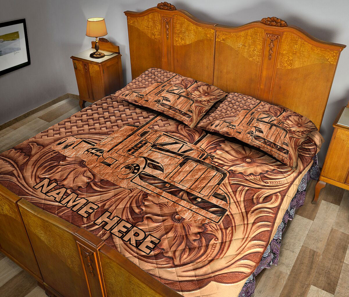 Ohaprints-Quilt-Bed-Set-Pillowcase-Truck-Brown-Floral-Pattern-Trucker-Driver-Custom-Personalized-Name-Blanket-Bedspread-Bedding-3498-King (90'' x 100'')