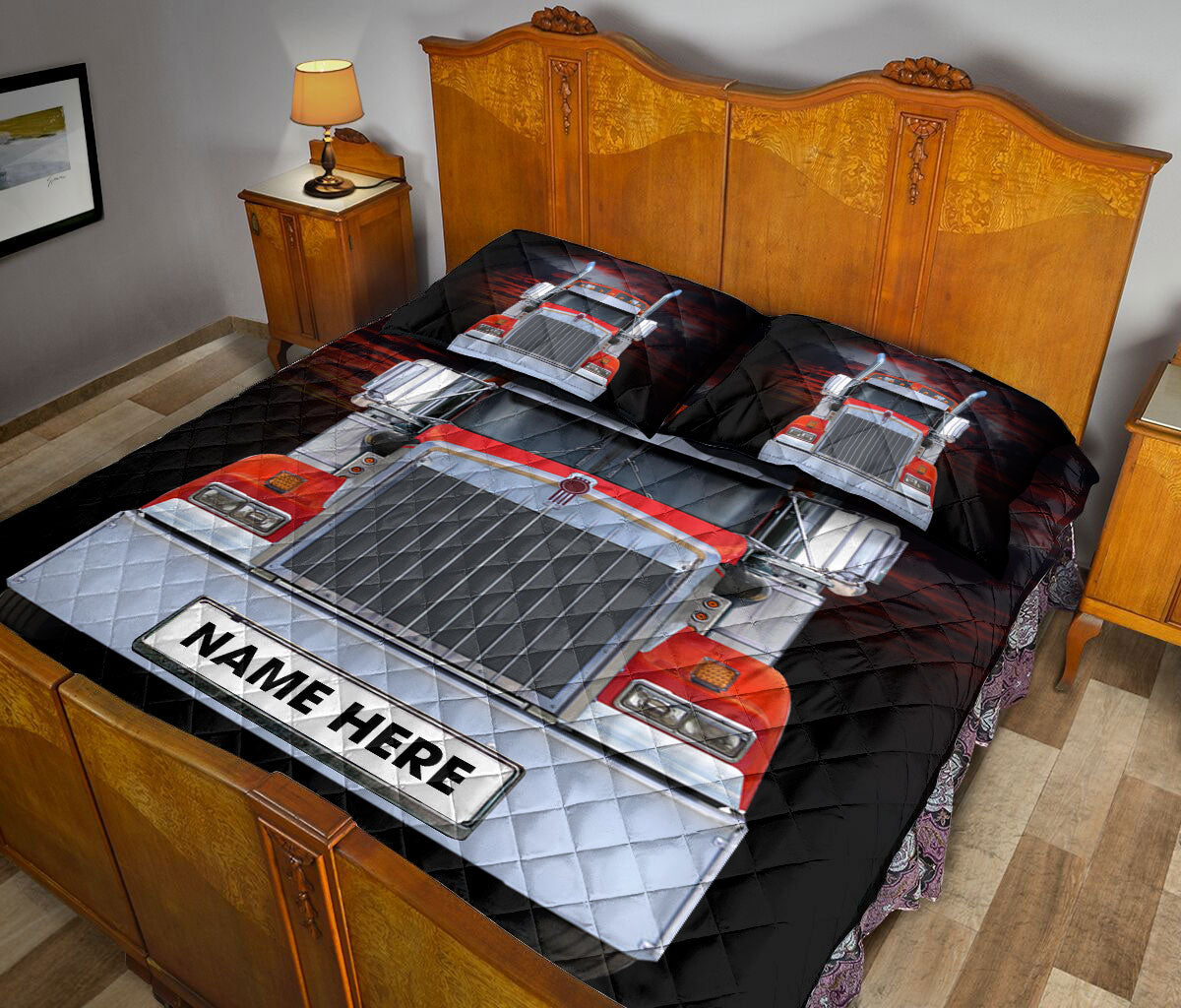 Ohaprints-Quilt-Bed-Set-Pillowcase-Red-Truck-Love-Trucker-Driver-Unique-Gift-Custom-Personalized-Name-Blanket-Bedspread-Bedding-3499-King (90'' x 100'')