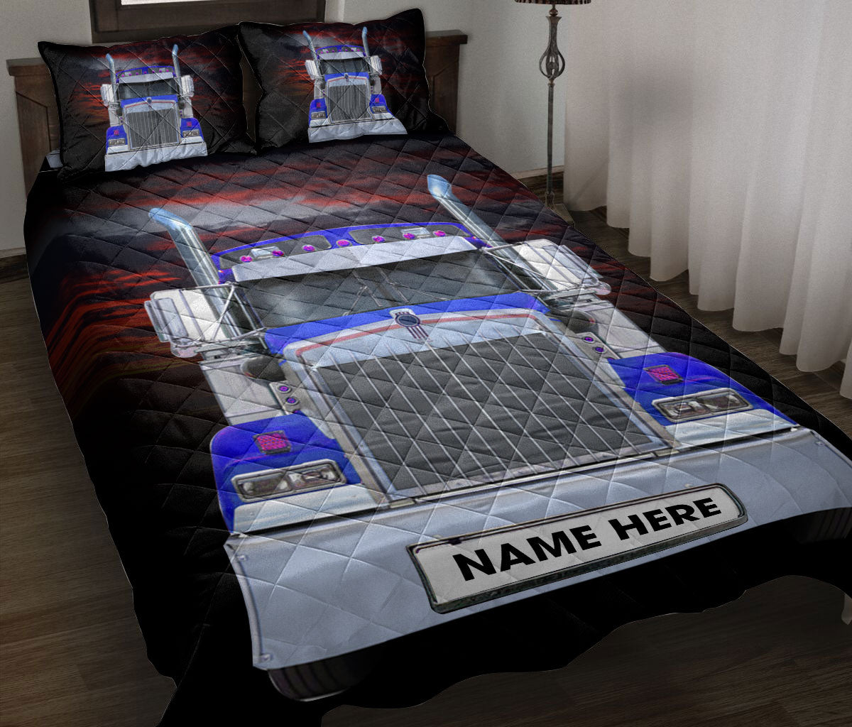 Ohaprints-Quilt-Bed-Set-Pillowcase-Blue-Truck-Love-Trucker-Driver-Unique-Gift-Custom-Personalized-Name-Blanket-Bedspread-Bedding-3500-Throw (55'' x 60'')