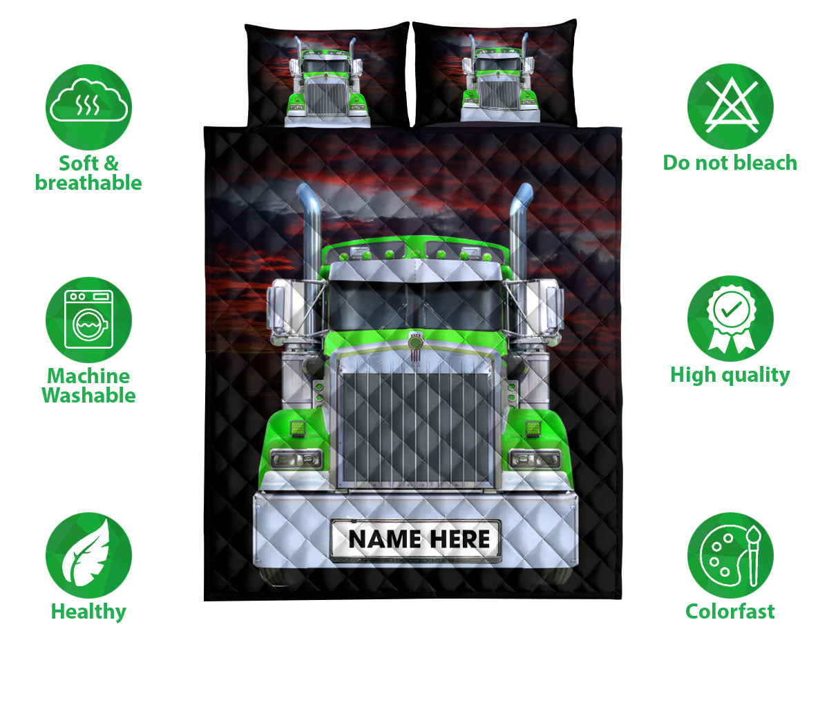 Ohaprints-Quilt-Bed-Set-Pillowcase-Green-Truck-Love-Trucker-Driver-Unique-Gift-Custom-Personalized-Name-Blanket-Bedspread-Bedding-3501-Double (70'' x 80'')