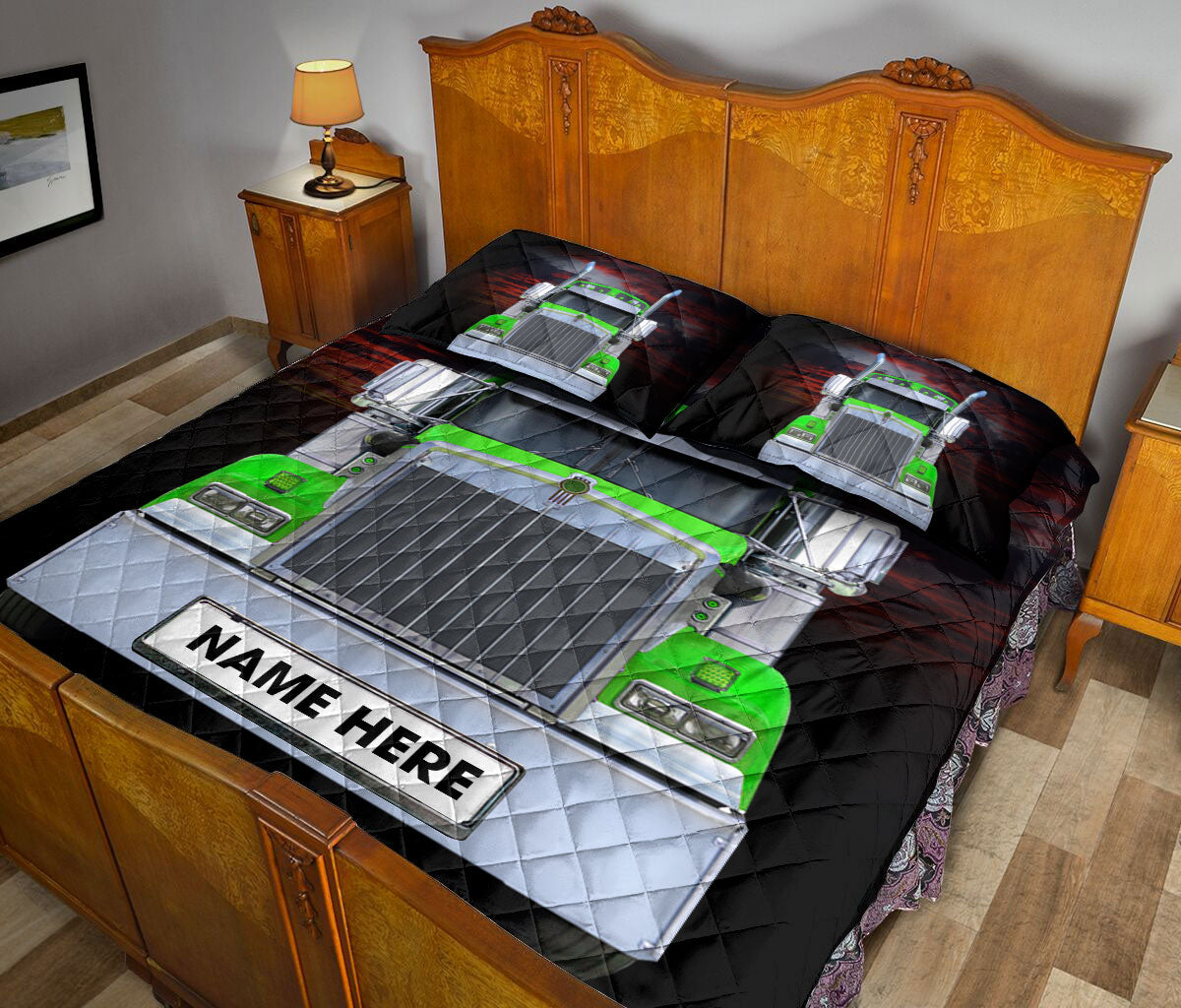 Ohaprints-Quilt-Bed-Set-Pillowcase-Green-Truck-Love-Trucker-Driver-Unique-Gift-Custom-Personalized-Name-Blanket-Bedspread-Bedding-3501-King (90'' x 100'')