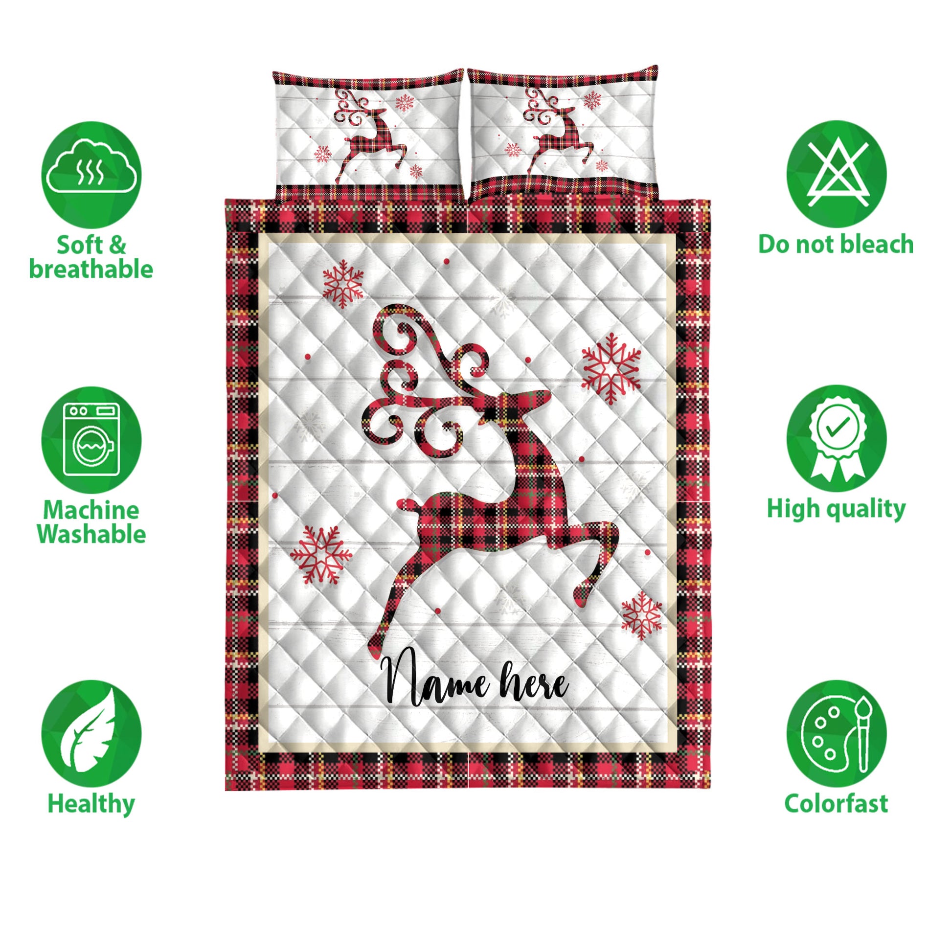 Ohaprints-Quilt-Bed-Set-Pillowcase-Christmas-Reindeer-Snowflake-Red-Plaid-Custom-Personalized-Name-Blanket-Bedspread-Bedding-4240-Double (70'' x 80'')