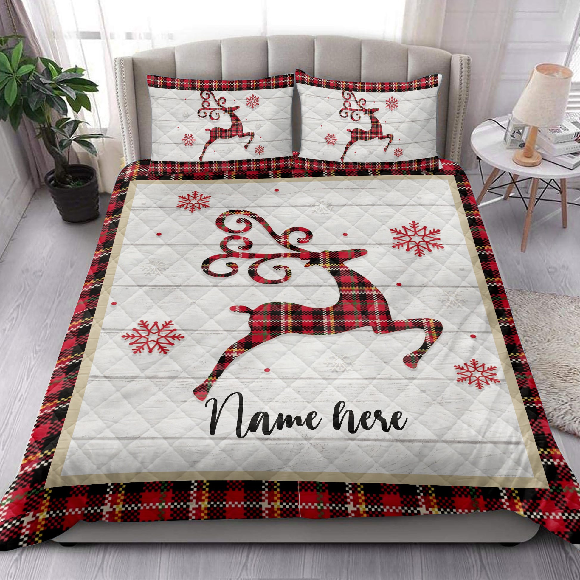 Ohaprints-Quilt-Bed-Set-Pillowcase-Christmas-Reindeer-Snowflake-Red-Plaid-Custom-Personalized-Name-Blanket-Bedspread-Bedding-4240-King (90'' x 100'')