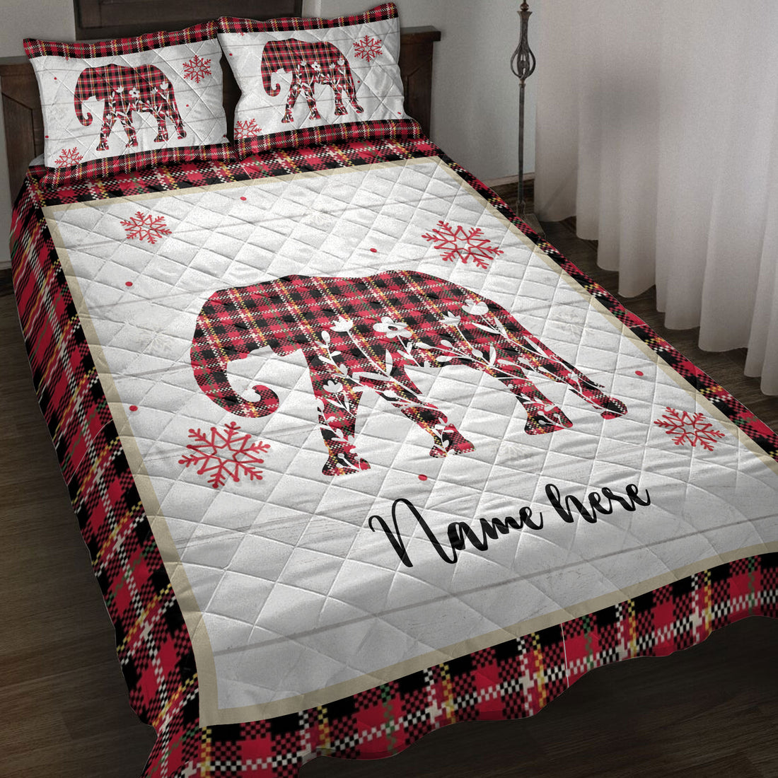 Ohaprints-Quilt-Bed-Set-Pillowcase-Christmas-Elephant-Snowflake-Red-Plaid-Custom-Personalized-Name-Blanket-Bedspread-Bedding-4241-Throw (55'' x 60'')