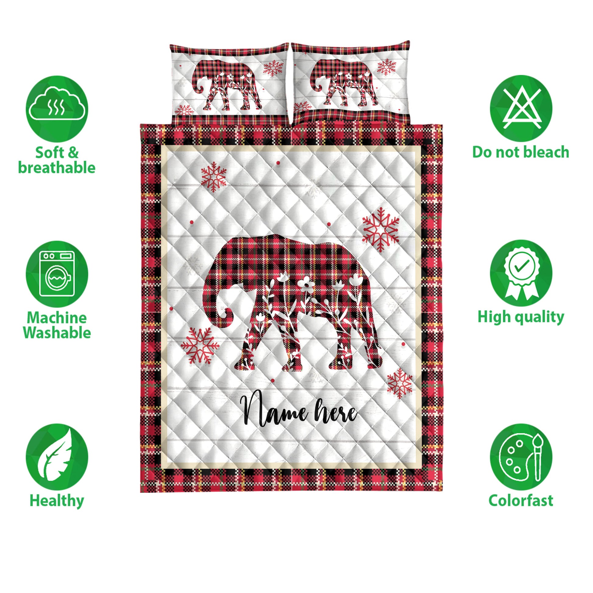 Ohaprints-Quilt-Bed-Set-Pillowcase-Christmas-Elephant-Snowflake-Red-Plaid-Custom-Personalized-Name-Blanket-Bedspread-Bedding-4241-Double (70'' x 80'')