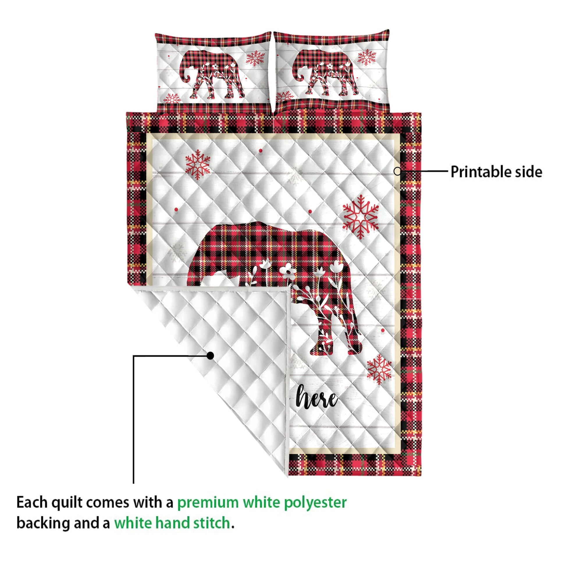 Ohaprints-Quilt-Bed-Set-Pillowcase-Christmas-Elephant-Snowflake-Red-Plaid-Custom-Personalized-Name-Blanket-Bedspread-Bedding-4241-Queen (80'' x 90'')