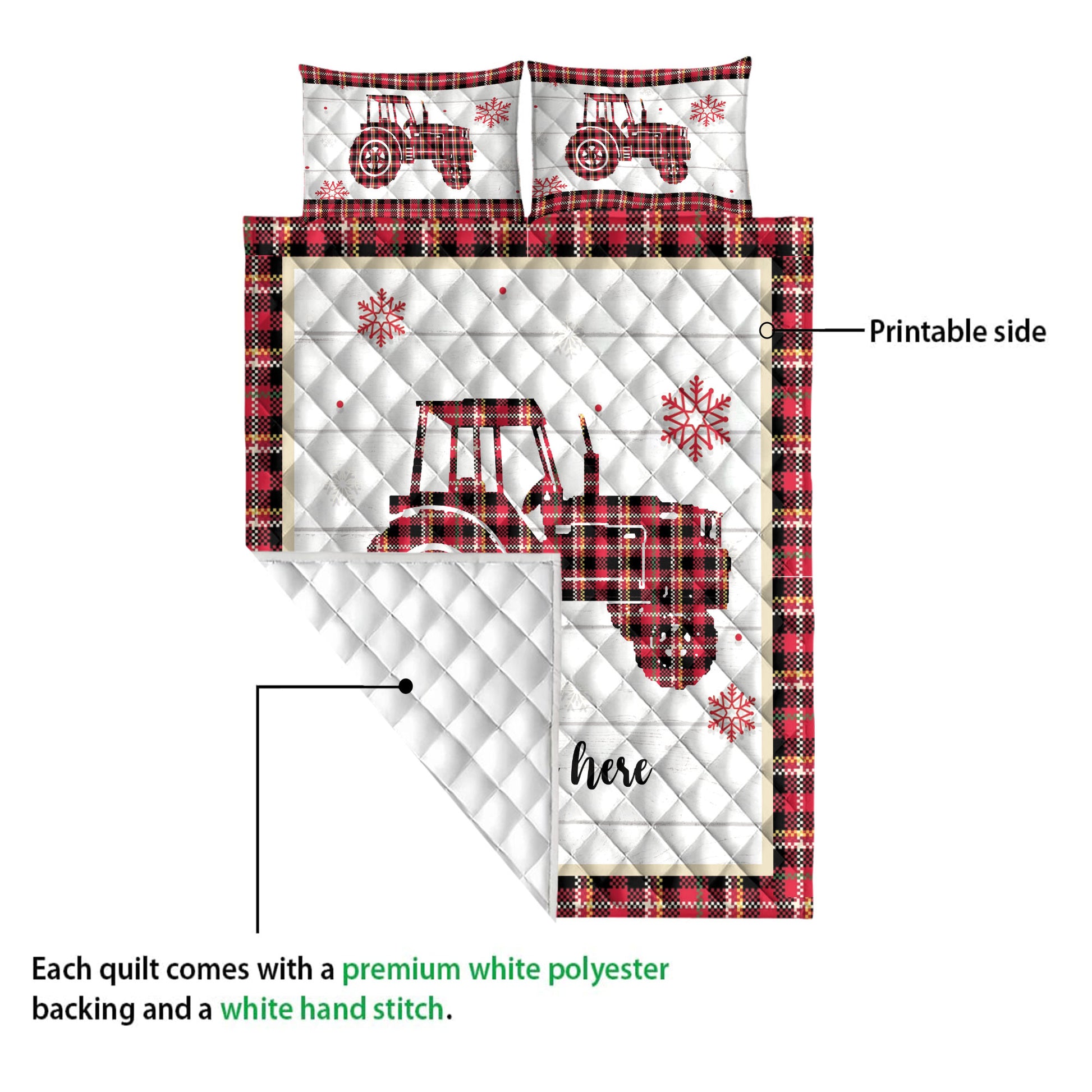 Ohaprints-Quilt-Bed-Set-Pillowcase-Christmas-Tractor-Snowflake-Red-Plaid-Custom-Personalized-Name-Blanket-Bedspread-Bedding-4242-Queen (80'' x 90'')