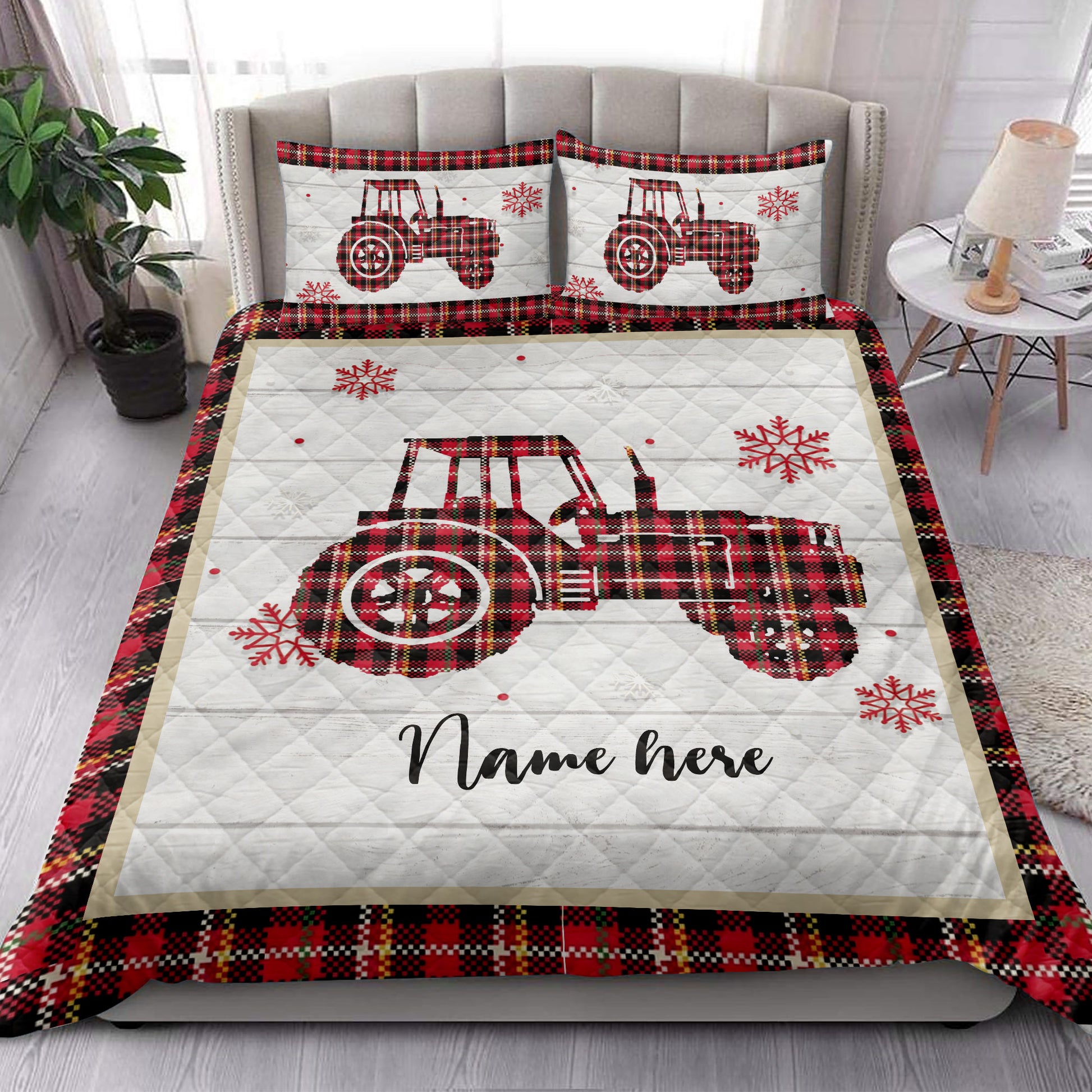 Ohaprints-Quilt-Bed-Set-Pillowcase-Christmas-Tractor-Snowflake-Red-Plaid-Custom-Personalized-Name-Blanket-Bedspread-Bedding-4242-King (90'' x 100'')