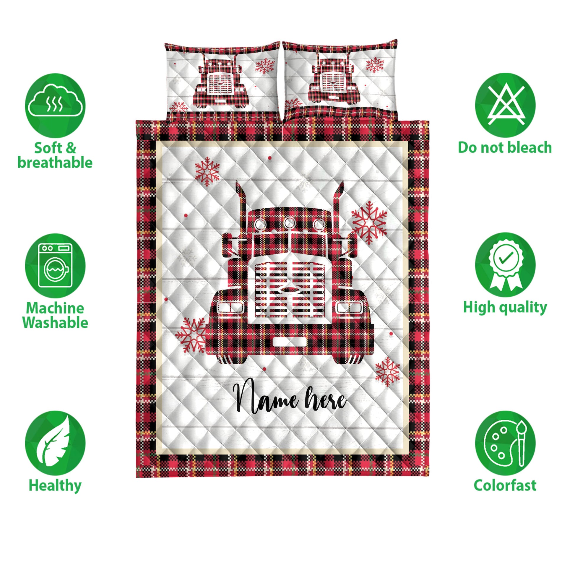 Ohaprints-Quilt-Bed-Set-Pillowcase-Christmas-Red-Truck-Snowflake-Red-Plaid-Custom-Personalized-Name-Blanket-Bedspread-Bedding-4243-Double (70'' x 80'')